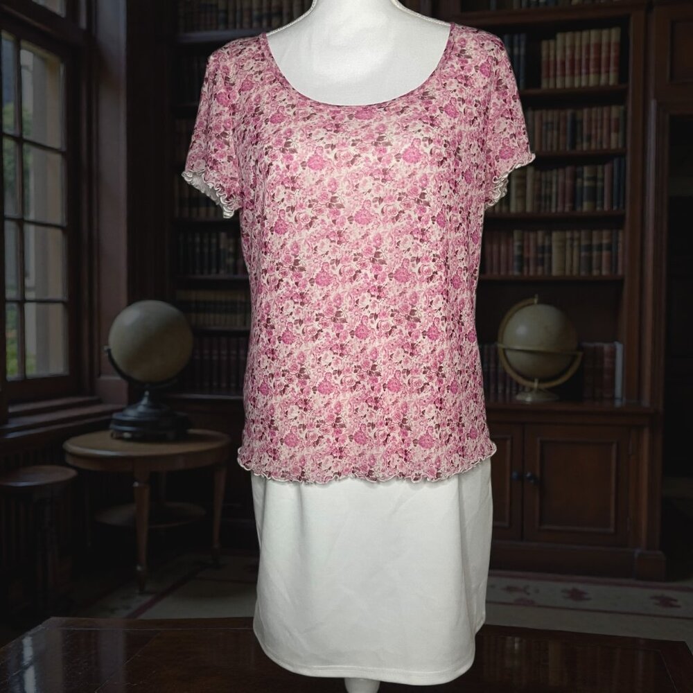 Liz Claiborne Women L Pink Floral Short Sleeve Top Stretch Preppy Cottage Y2K